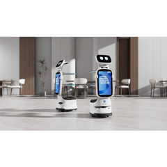 Robot de Entrega Automatizado / Área de Cobertura Máxima 200*200? / Velocidad de Movimiento Ajustable 0.1~1.0 m/s / Colaboración Multi-robot Hasta 20 Robots / Batería de Ion de Litio Ternaria / Pantalla de Publicidad 18.5 pul