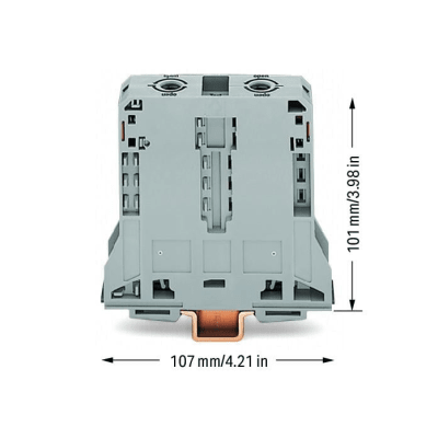 Borna de Paso para 2 Conductores / 95 mm² / POWER CAGE CLAMP / Montaje en Carril DIN 35 x 15 / Tensión Asignada 1000 V / Corriente Asignada 232 A / Material Poliamida (PA66) / Gris