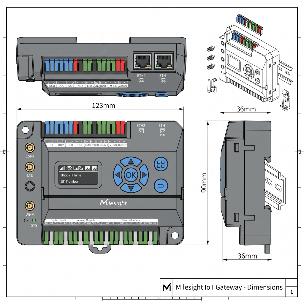 Gateway IoT LoRaWAN para Automatización de Edificios / Quad-Core 1.5 GHz / 8 Canales LoRaWAN / 2,000 Dispositivos / Edge Computing / 4G LTE / KNX + BACnet + Modbus / RS485 + M-Bus