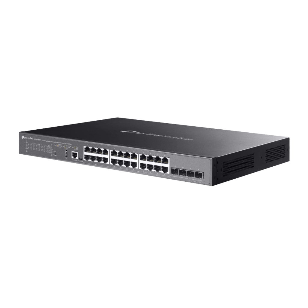Switch Omada L3 SDN Administrable / 24 puertos PoE af/at Gigabit y 4 puertos SFP+ / Presupuesto PoE 720W / Funciones RIP, VRRP, Servidor DHCP / Administración centralizada OMADA / Fuente Redundante