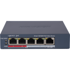 Switch PoE+ / Monitoreable / 4 Puertos 10/100 Mbps PoE+ / 1 Puerto 10/100 Mbps Uplink / Configuración Nube Hik-PartnerPro / Modo Extendido hasta 300 Metros /  45 W