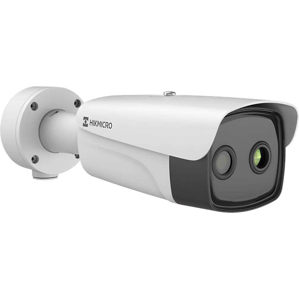 (HIKMICRO) Bala IP Bi-Espectral / Térmica (388 X 288 / 35 mm) + Óptica (4 MP / 12.4 mm) / IA GUANLAN / Rango: -20°C a 150°C / 8°C Tolerancia / Detección de Fuego y Humo / Alarma Visual y Audible / Dual Light / PoE / Antico