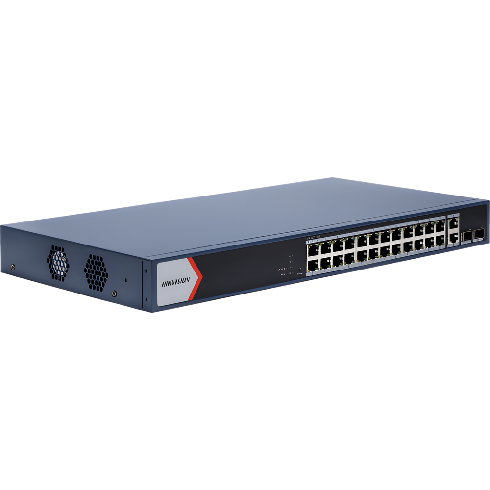 Switch Gigabit PoE+ / Administrable / 24 Puertos 1000 Mbps PoE+ / 2 Puertos 1000 Mbps Uplink  / 2 Puertos SFP Uplink / Configuración Nube Hik-Partner Pro / Modo Extendido hasta 300 Metros / 230 W
