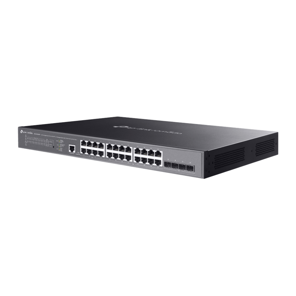 Switch L2+ Gestionado Omada / 24 Puertos Gigabit RJ45 + 4 Puertos 10G SFP+ / 16 Puertos PoE+ (30W) + 8 Puertos PoE++ (90W) / 128 Gbps Capacidad / 95.23 Mpps Forwarding / 500W PoE Budget / SDN Cloud Management