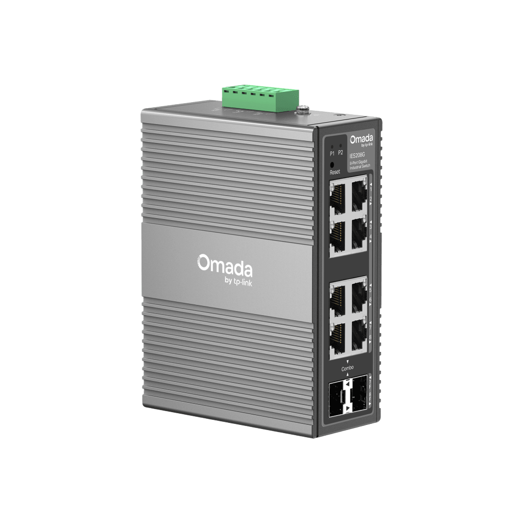 Switch Industrial Omada Easy Managed / 8 Puertos Gigabit (6× RJ45 + 2× RJ45/SFP Combo) / 16 Gbps Switching / -40°C a 75°C / Protección Rayos 6kV / Gestión Cloud / Montaje DIN Rail o Pared / IP40