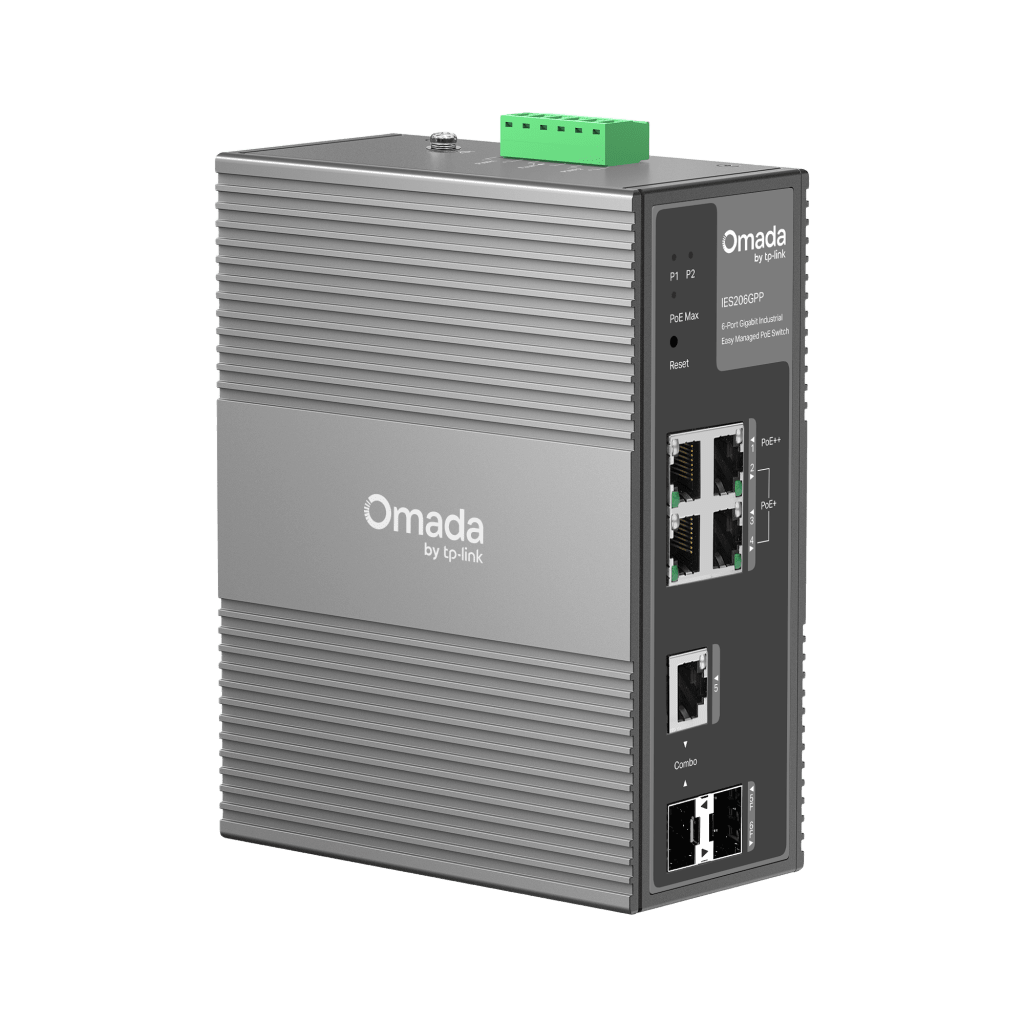 Switch Industrial Easy Managed / 6 Puertos Gigabit (4 PoE) / 120W PoE Budget / IP40 / -40°C a 75°C / 6kV Protección Rayos / Cloud Management Omada / DIN-Rail