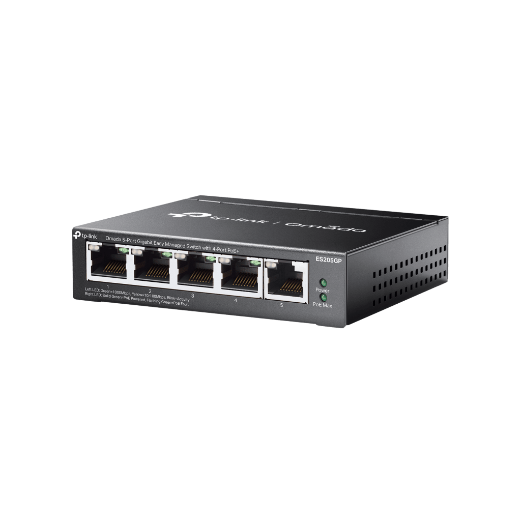 Switch Gestionado 5 Puertos Gigabit / 4 Puertos PoE+ 802.3at/af / 65W Power Budget / Gestión Cloud Omada SDN / Sin Ventiladores / QoS / VLAN