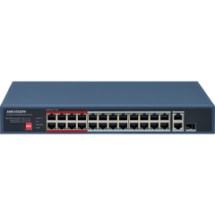 Switch PoE+ / No Administrable / 24 Puertos 10/100 Mbps PoE+ / 2 Puertos 1000 Mbps Uplink / 1 Puerto SFP Uplink / Modo Extendido hasta 300 Metros / 230 W