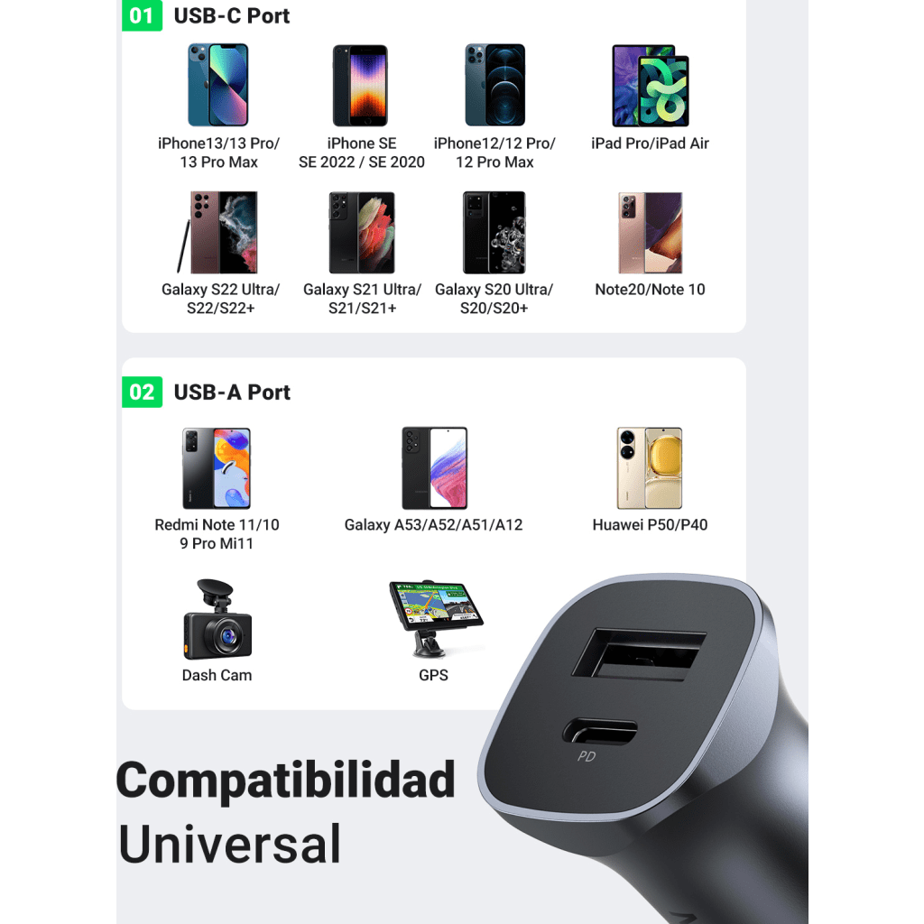 Cargador de Auto 24W | Puerto USB-A y USB-C | Carga Rápida | Compatible con Vehículos de 12 y 24 VCD | PD3.0 + QC3.0 | Indicador Led | Diseño Compacto | Chip Inteligente | Caja de Aluminio