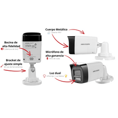 [Audio Bidireccional + Dual Light + ColorVu] Bala TURBOHD 4K (8 Megapixel) / Lente 2.8 mm / 30 mts IR EXIR + 20 mts Luz Blanca / Micrófono y Bocina Integrado / Exterior IP67 / Metal / dWDR