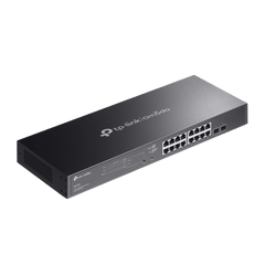 Switch Smart Omada 18 Puertos Gigabit / 16 Puertos PoE+ 802.3af/at / 2 Ranuras SFP Gigabit / Presupuesto PoE 150 W / Switching 36 Gbps / Enrutamiento Estático L2+ / Gestión Cloud SDN / Fanless / Montable en Rack