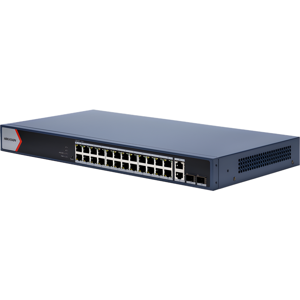 Switch Gigabit PoE+ / Administrable / 24 Puertos 1000 Mbps PoE+ / 2 Puertos 1000 Mbps Uplink  / 2 Puertos SFP Uplink / Configuración Nube Hik-Partner Pro / Modo Extendido hasta 300 Metros / 230 W