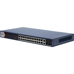 Switch Gigabit PoE+ / Administrable / 24 Puertos 1000 Mbps PoE+ / 2 Puertos 1000 Mbps Uplink  / 2 Puertos SFP Uplink / Configuración Nube Hik-Partner Pro / Modo Extendido hasta 300 Metros / 230 W