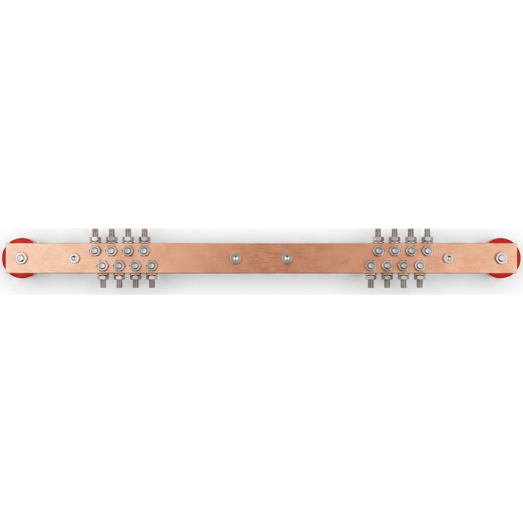 Barra Distribución Tierra Rack 19 in / Cobre 100% / 550A / Aisladores Rojos / 0.64 cm (0.25 in) / J-STD-607-A