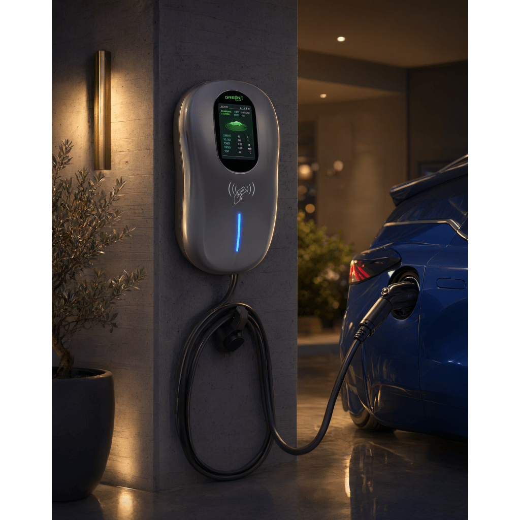 Estación de Carga para Vehículos Eléctricos / 40 A / 9.6 kW / Conector Tipo 1 (SAE J1772) / 110-240 V AC / Pantalla LCD 4.3 in (10.9 cm) / WiFi / APP / RFID / IP65 / Cable TPE 5 m (16.4 ft)