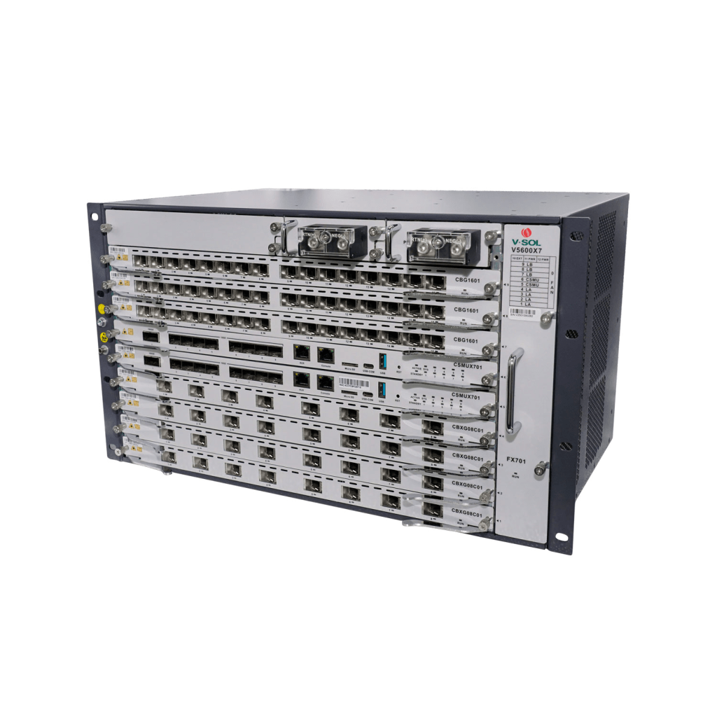 OLT Modular tipo Chasis GPON/XGS-PON Combo, 7 Ranuras de Servicio, Incluye 1 Tarjeta de Servicio de 16 puertos GPON