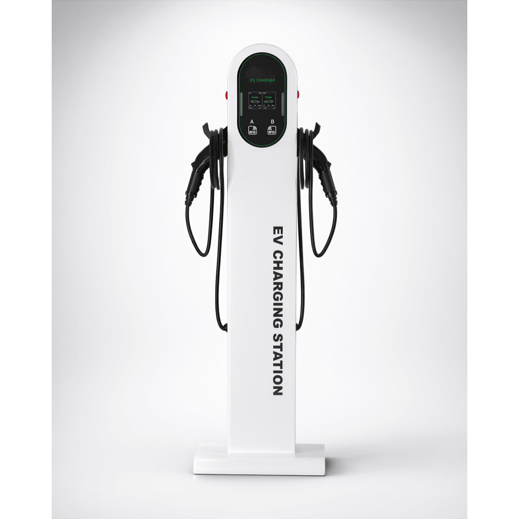 Estación de Carga para Vehículos Eléctricos / Tipo Pedestal / Doble Conector Tipo 1 (SAE J1772) / 48 A / 11.5 kW por Puerto / Pantalla LCD 4.3 in (10.9 cm) / RFID / Protección IP54 / Chasis SGCC Galvanizado