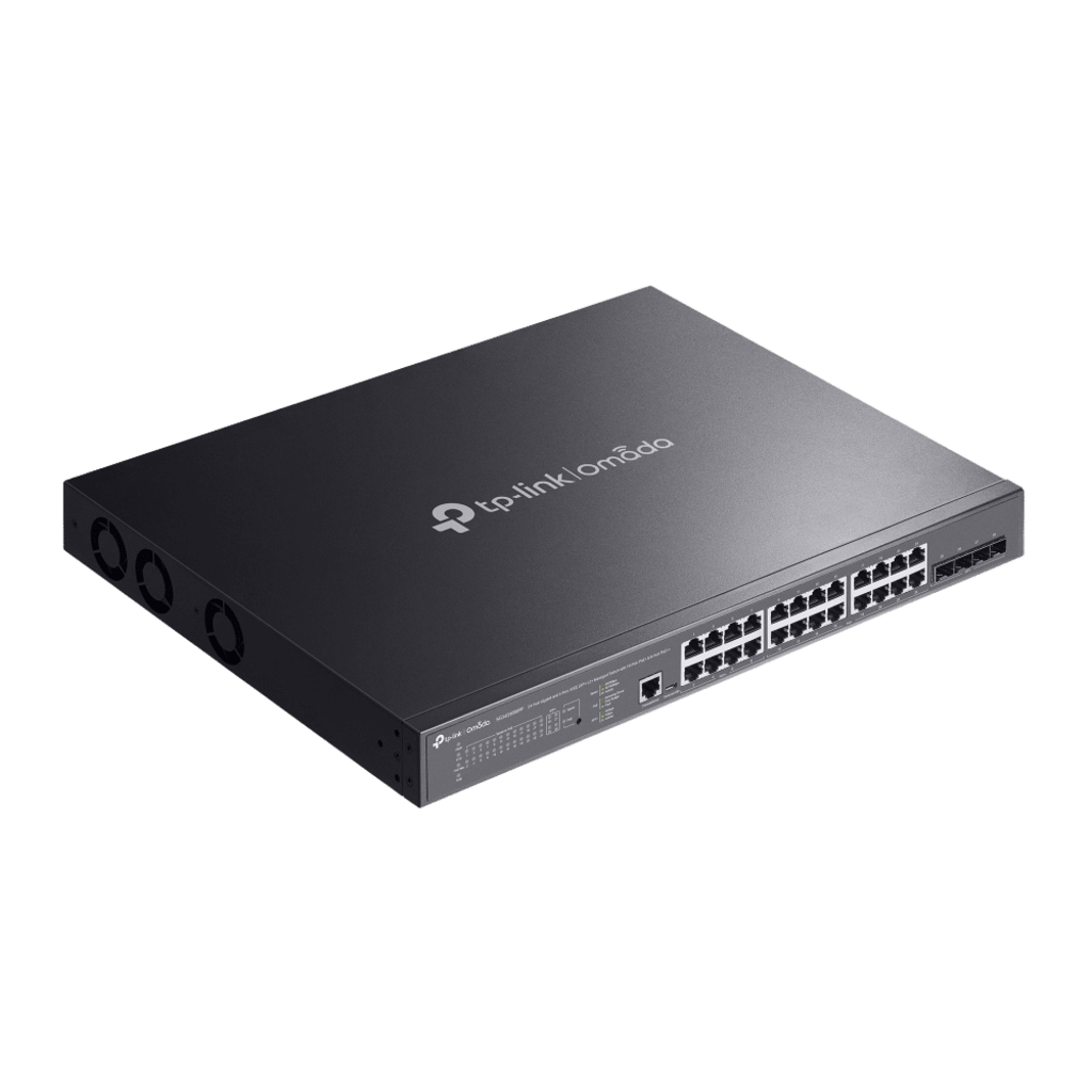 Switch L2+ Gestionado Omada / 24 Puertos Gigabit RJ45 + 4 Puertos 10G SFP+ / 16 Puertos PoE+ (30W) + 8 Puertos PoE++ (90W) / 128 Gbps Capacidad / 95.23 Mpps Forwarding / 500W PoE Budget / SDN Cloud Management