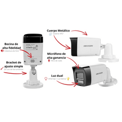 [Audio Bidireccional + Dual Light + ColorVu] Bala TURBOHD 4K (8 Megapixel) / Lente 2.8 mm / 30 mts IR EXIR + 20 mts Luz Blanca / Micrófono y Bocina Integrado / Exterior IP67 / Metal / dWDR