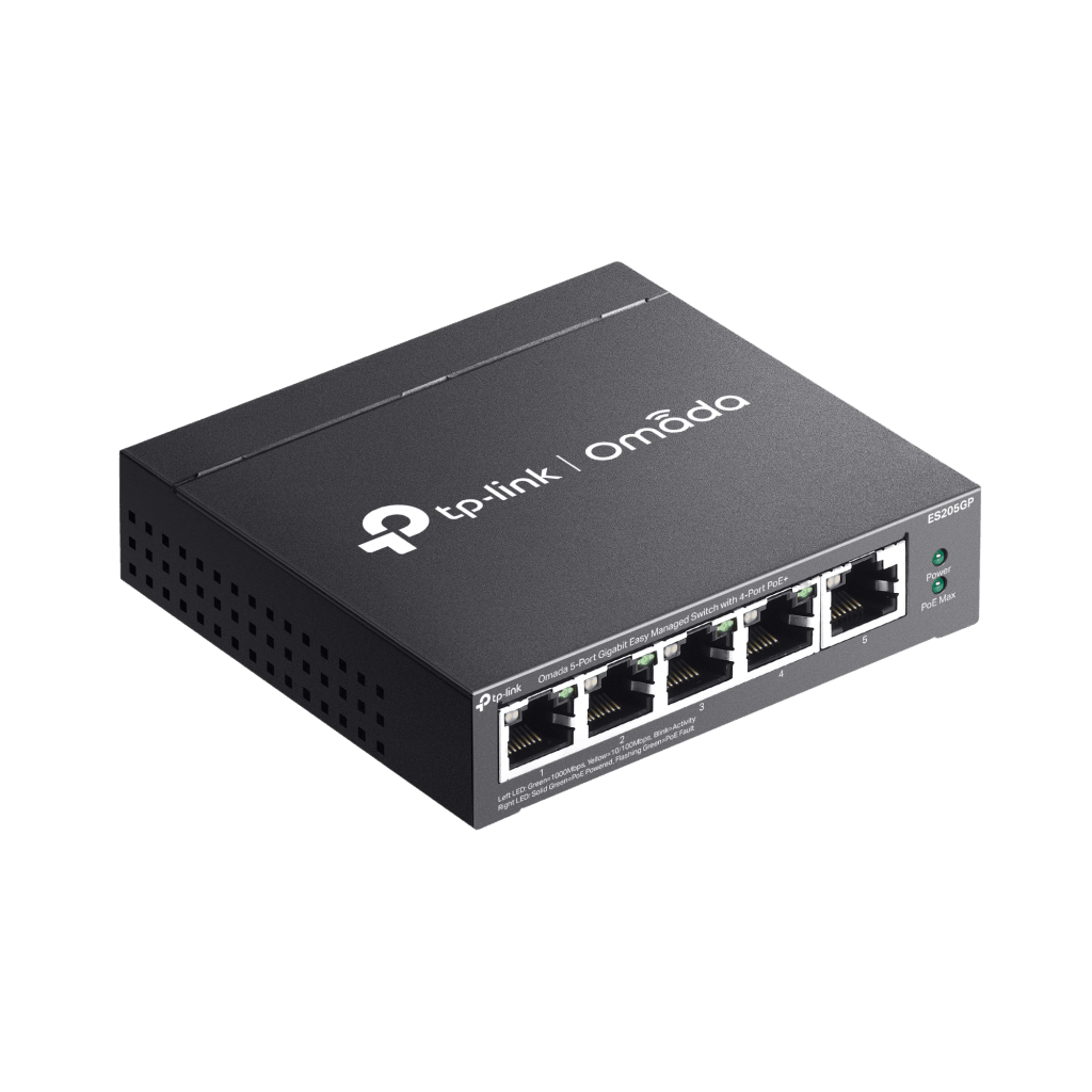 Switch Gestionado 5 Puertos Gigabit / 4 Puertos PoE+ 802.3at/af / 65W Power Budget / Gestión Cloud Omada SDN / Sin Ventiladores / QoS / VLAN