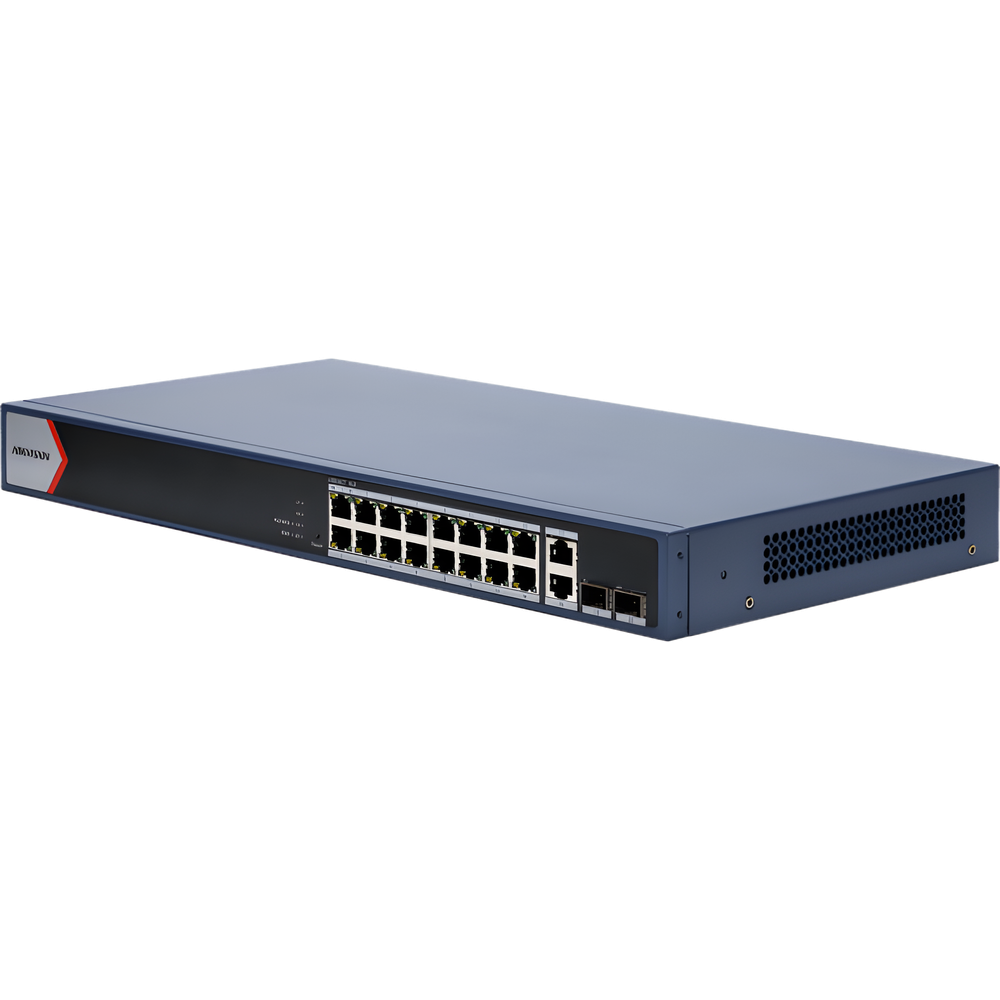 Switch Gigabit PoE+ / Monitoreable / 16 Puertos 1000 Mbps PoE+ / 2 Puerto 1000 Mbps de Uplink / 2 Puerto SFP /  Configuración Nube desde Hik-PartnerPro / Modo Extendido hasta 300 Metros / 125 Watts