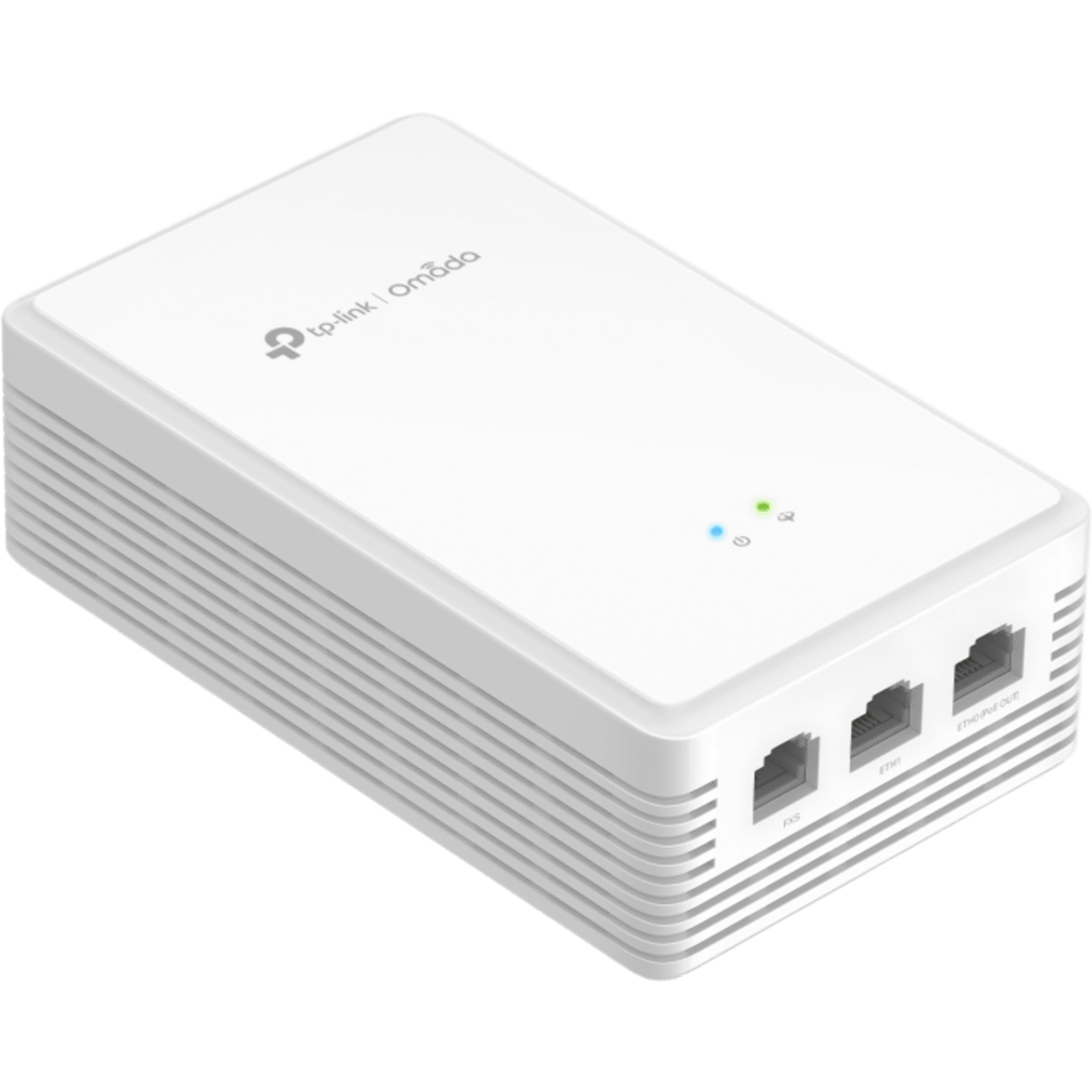 Punto de Acceso GPON de Pared / AX1800 Wi-Fi 6 / 1.8 Gbps / 2 Puertos Gigabit con PoE de Salida / FXS VoIP / Gestión Cloud Omada / Mesh y Roaming
