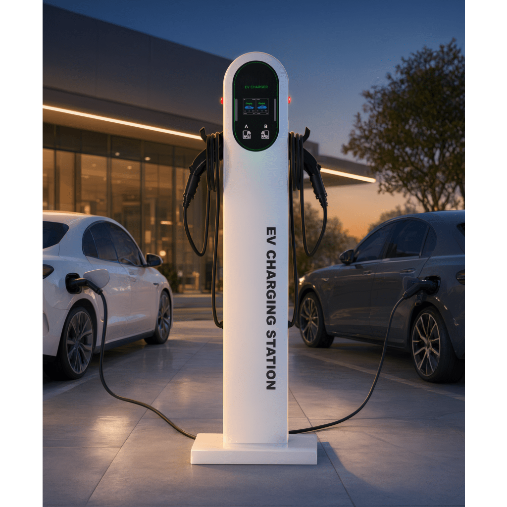 Estación de Carga para Vehículos Eléctricos / Tipo Pedestal / Doble Conector Tipo 1 (SAE J1772) / 48 A / 11.5 kW por Puerto / Pantalla LCD 4.3 in (10.9 cm) / RFID / Protección IP54 / Chasis SGCC Galvanizado