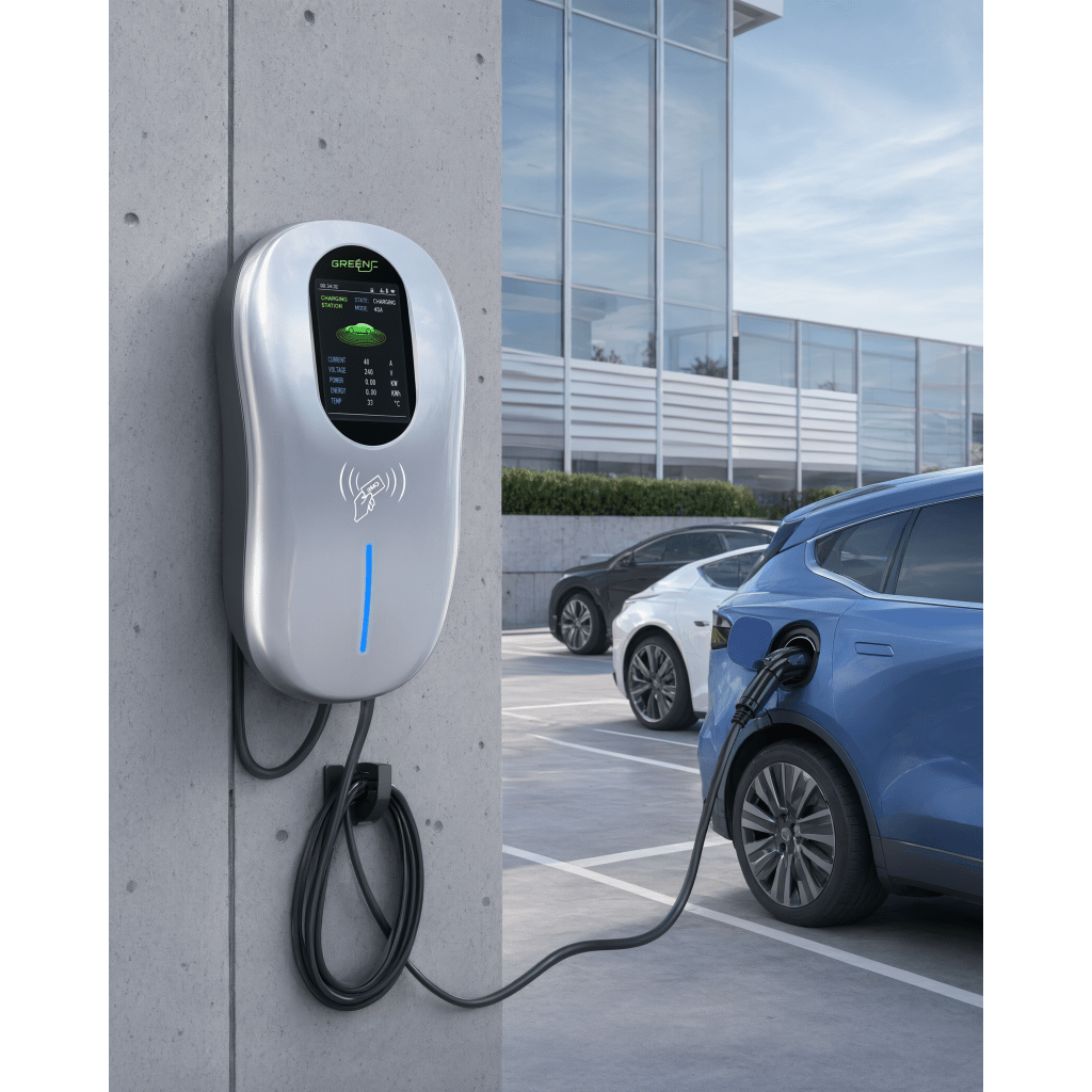 Estación de Carga para Vehículos Eléctricos / 40 A / 9.6 kW / Conector Tipo 1 (SAE J1772) / 110-240 V AC / Pantalla LCD 4.3 in (10.9 cm) / WiFi / APP / RFID / IP65 / Cable TPE 5 m (16.4 ft)
