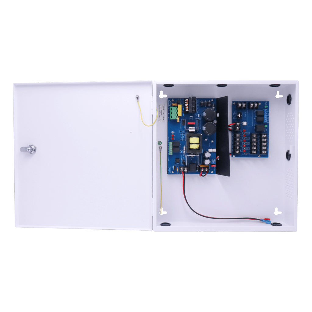 Fuente de Poder con Respaldo para Control de Acceso AL1012FC / 12VDC @ 10A / 8 Salidas Independientes / Conversión 115VAC a 12-24VDC / Batería de Respaldo 40Ah / Interfaz FACP / Supervisión AC y Batería / Montaje en Pared