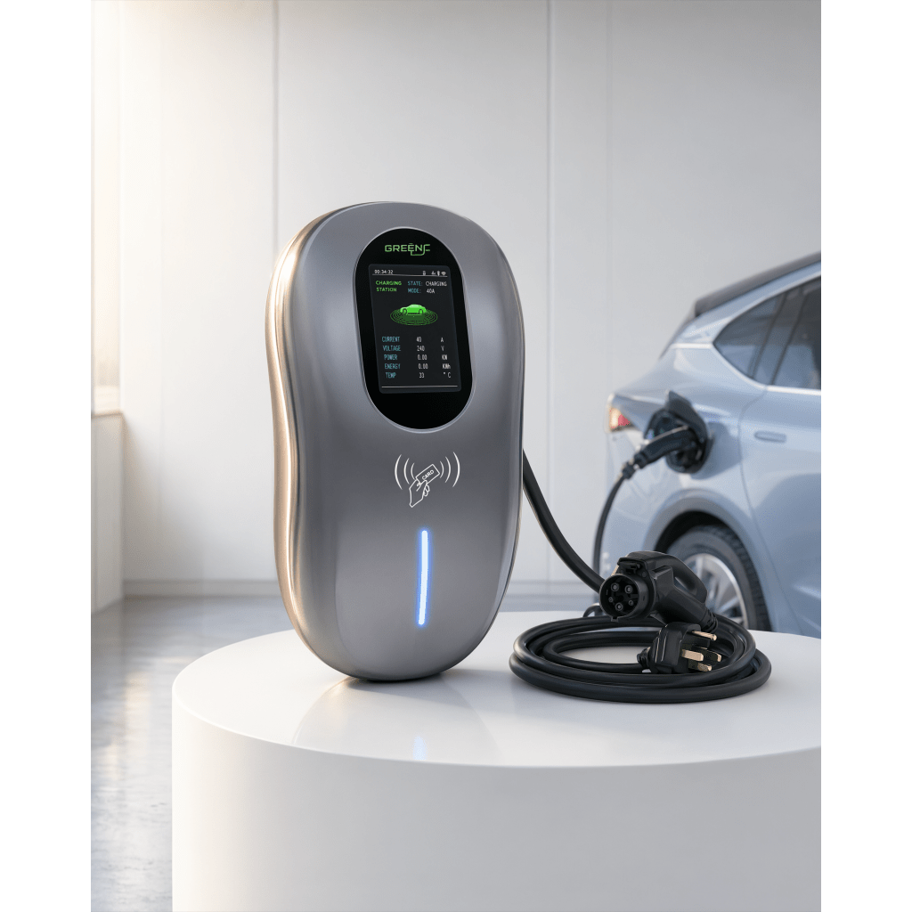 Estación de Carga para Vehículos Eléctricos / 40 A / 9.6 kW / Conector Tipo 1 (SAE J1772) / 110-240 V AC / Pantalla LCD 4.3 in (10.9 cm) / WiFi / APP / RFID / IP65 / Cable TPE 5 m (16.4 ft)