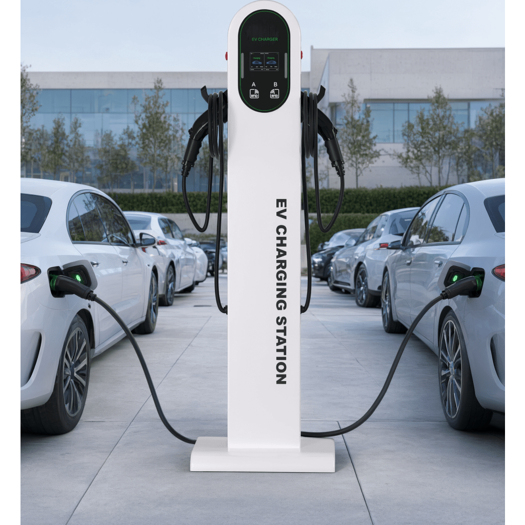 Estación de Carga para Vehículos Eléctricos / Tipo Pedestal / Doble Conector Tipo 1 (SAE J1772) / 48 A / 11.5 kW por Puerto / Pantalla LCD 4.3 in (10.9 cm) / RFID / Protección IP54 / Chasis SGCC Galvanizado