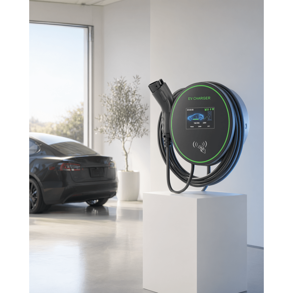 Estación de Carga para Vehículos Eléctricos / 48 A / 11.5 kW / Conector Tipo 1 (SAE J1772) / 220-250 V Monofásico / Pantalla LCD 4.3 in (10.9 cm) / Cable TPU 5 m (16.4 ft) / Plug and Play / APP Móvil / RFID / Carcasa Alu
