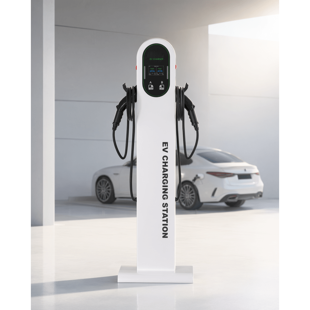Estación de Carga para Vehículos Eléctricos / Tipo Pedestal / Doble Conector Tipo 1 (SAE J1772) / 48 A / 11.5 kW por Puerto / Pantalla LCD 4.3 in (10.9 cm) / RFID / Protección IP54 / Chasis SGCC Galvanizado