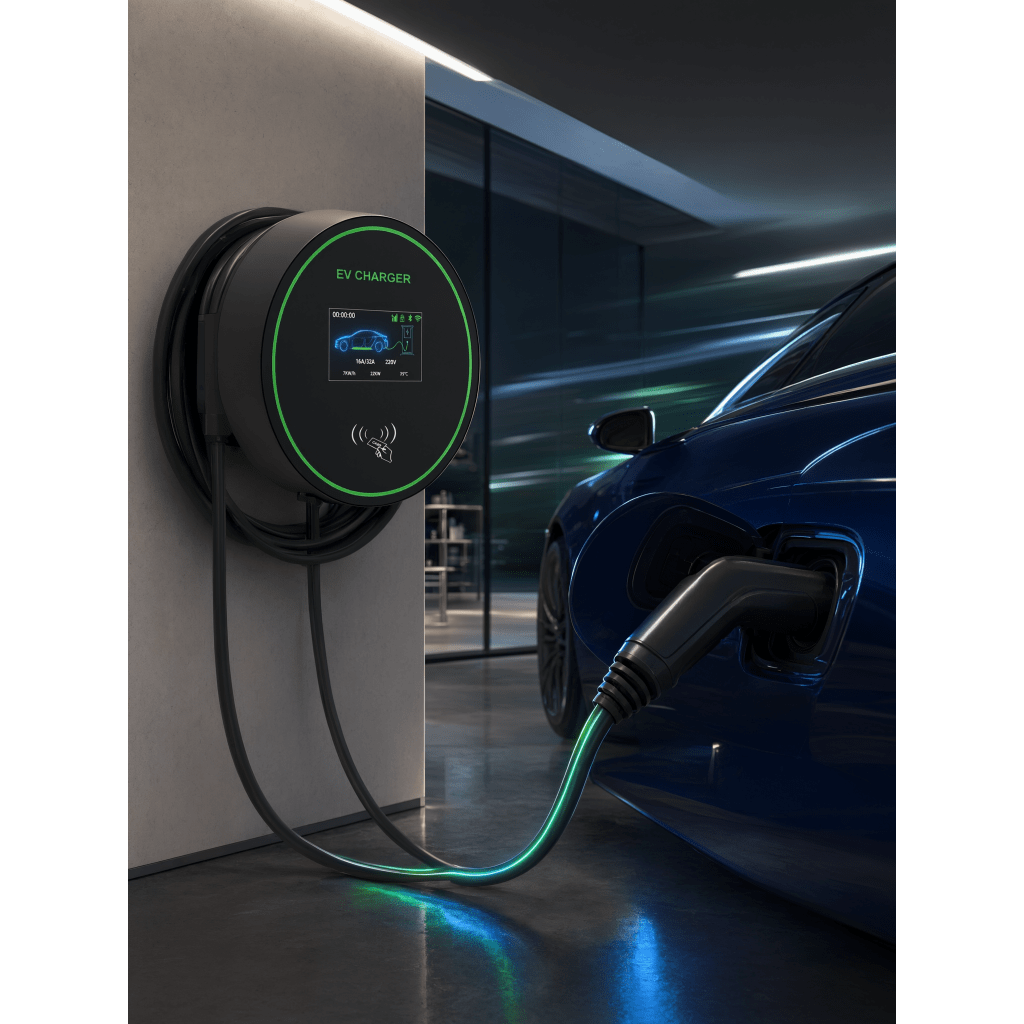 Estación de Carga para Vehículos Eléctricos / 48 A / 11.5 kW / Conector Tipo 1 (SAE J1772) / 220-250 V Monofásico / Pantalla LCD 4.3 in (10.9 cm) / Cable TPU 5 m (16.4 ft) / Plug and Play / APP Móvil / RFID / Carcasa Alu