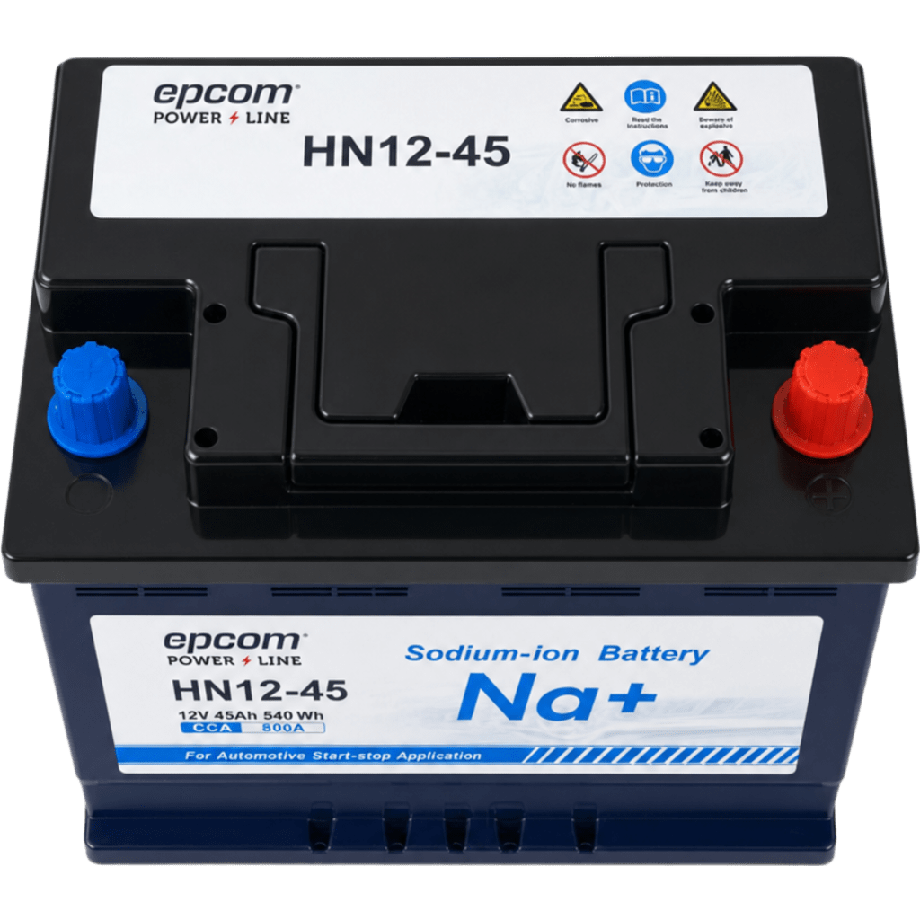 Batería Automotriz de Iones de Sodio para Start-Stop / 12 Vcc 45 Ah / 540 Wh / 800 CCA / 3000+ Ciclos / Reemplazo Directo de Plomo-Ácido