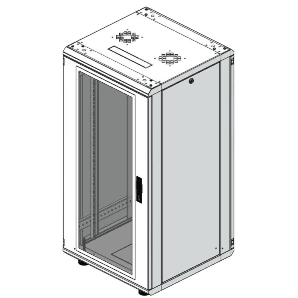 Gabinete Rack 24 Unidades / 19 Pulgadas / Puerta de Cristal / Piso / Acero Calibres 16-18-20 / 750 Kg Carga / 600x605x1190 mm (23.6x23.8x46.9 in) / Vidrio con Cerradura