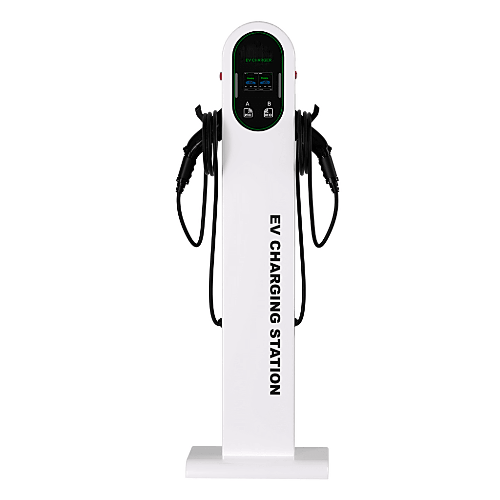 Estación de Carga para Vehículos Eléctricos / Tipo Pedestal / Doble Conector Tipo 1 (SAE J1772) / 48 A / 11.5 kW por Puerto / Pantalla LCD 4.3 in (10.9 cm) / RFID / Protección IP54 / Chasis SGCC Galvanizado