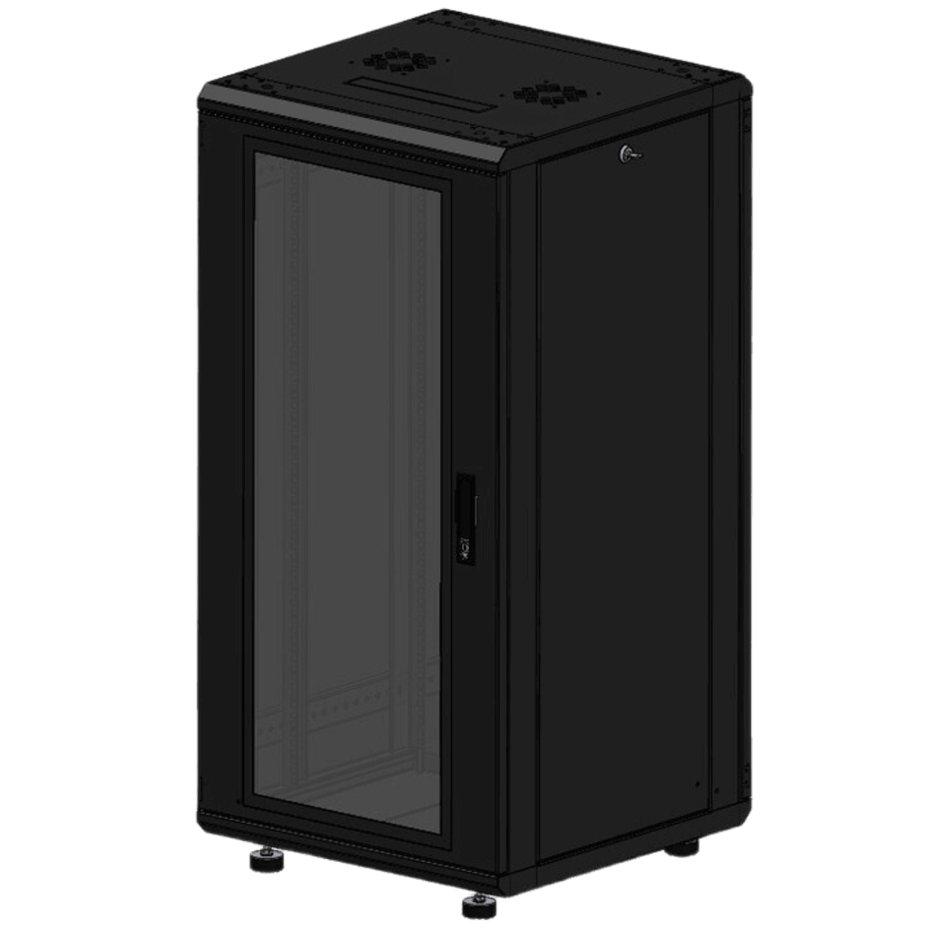 Gabinete Rackeable 19 Pulgadas / 24 Unidades / Piso / Puerta de Cristal / Acero Calibres 16-18-20 / Capacidad 750 Kg / Dimensiones 600x605x1190 mm (23.6x23.8x46.9 in) / Ventilación 120 mm / Cerradura