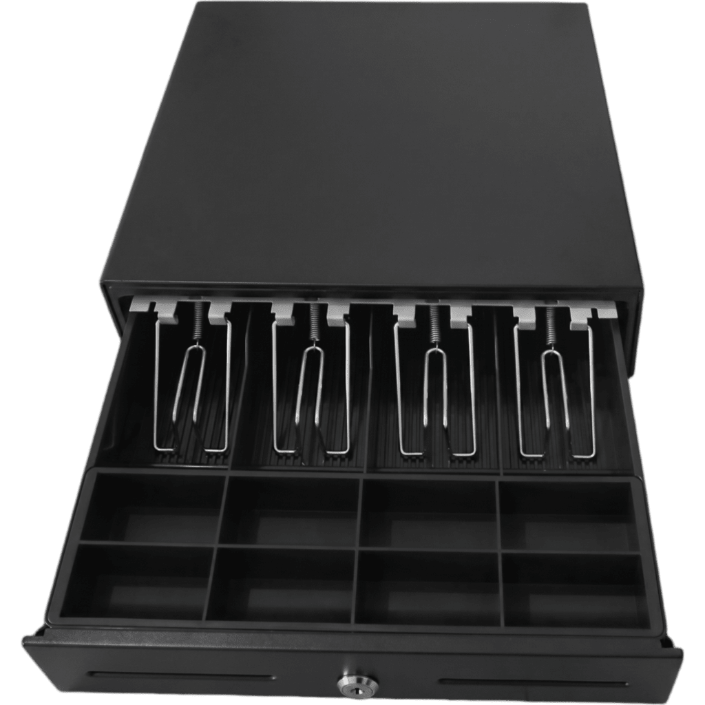 Cajón para Efectivo / Serie MK / Compacto 330 mm / 4 Billetes + 8 Monedas / Apertura RJ12 / Clips Metálicos / Punto de Venta