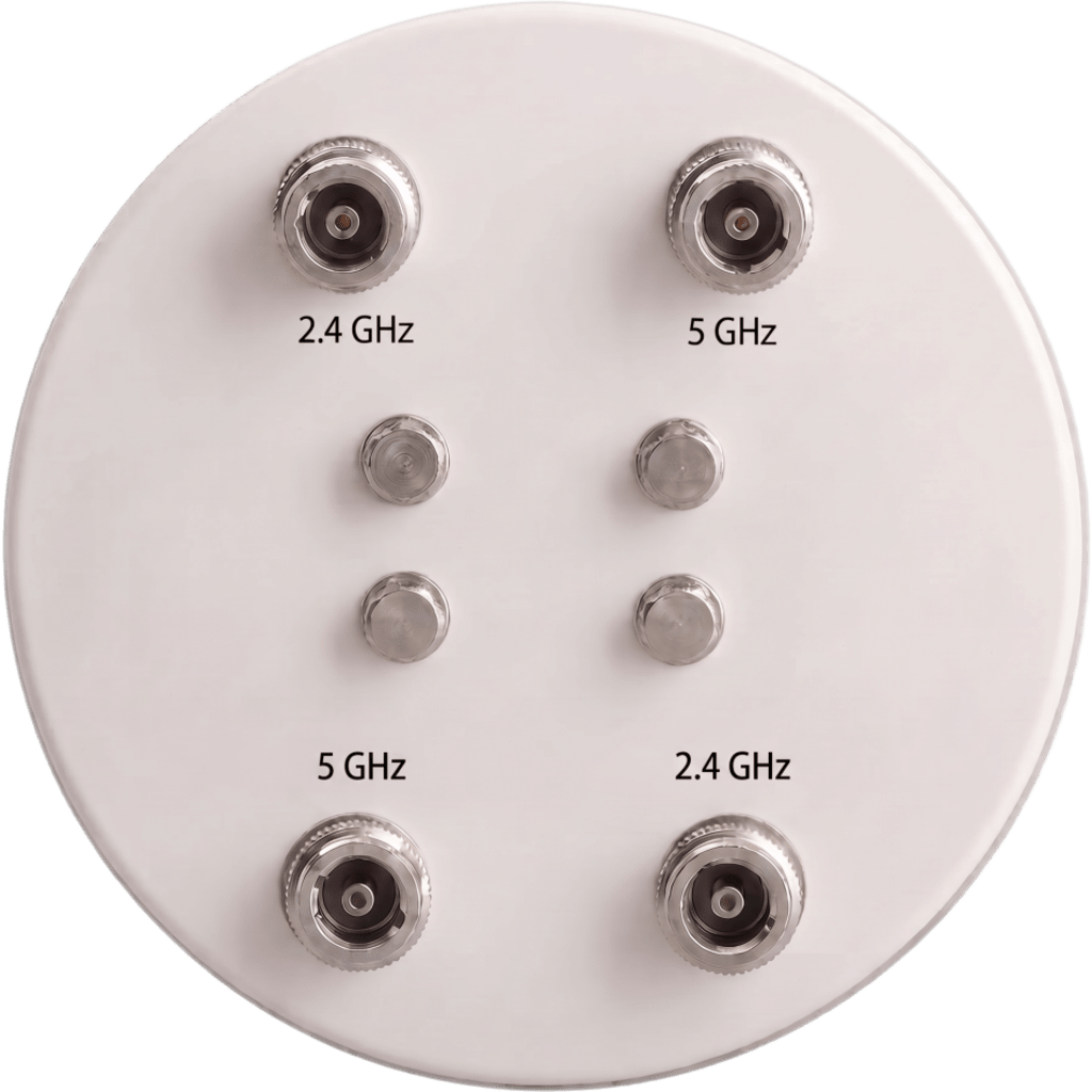 Antena Omnidireccional Doble Banda 8 dBi / Conector 4 x N Hembra / Frecuencia 2400-2500 MHz y 5150-5850 MHz / Polarización Vertical / Ganancia 8 dBi / Ancho de Haz Horizontal 360° / Ancho de Haz Vertical 17° / VSWR 1.5 Máx / Impedanc