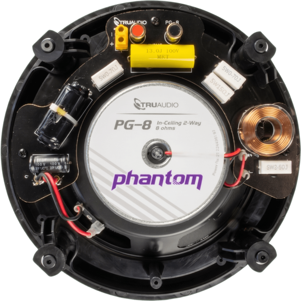 Serie Phantom TruAudio / Altavoz Empotrable en Techo / 2 Vías / Woofer de Fibra de Vidrio / Tweeter Pivotante de Titanio/ Rejilla Ghost sin Marco / Clasificación de Humedad / Quick Connect