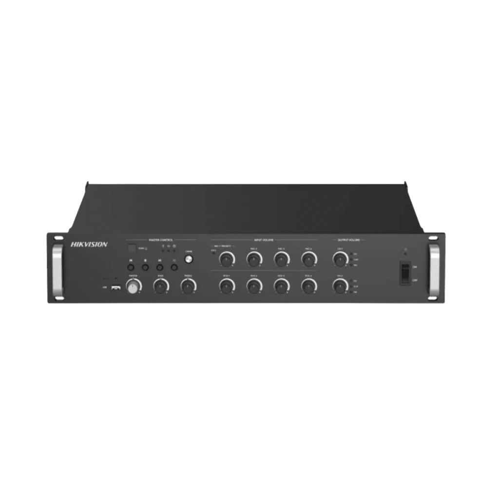 Amplificador de audio | 2 zonas de 250W  | 100V/70V | Calendarización de eventos | Biblioteca de Materiales de Audio | Entrada de Alarma | Hik-connect /Hikcentral profesional