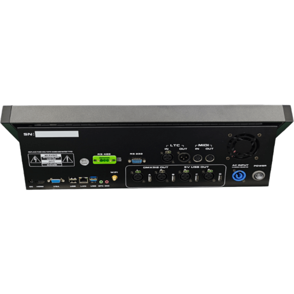 Consola de Control de Iluminación Profesional / 4 Universos DMX Nativo / 32 Universos Expandibles / 15 Faders de Reproducción / Pantalla Táctil 15.6 pulgadas / 4GB RAM + 128GB SSD / Linux OS Integrado