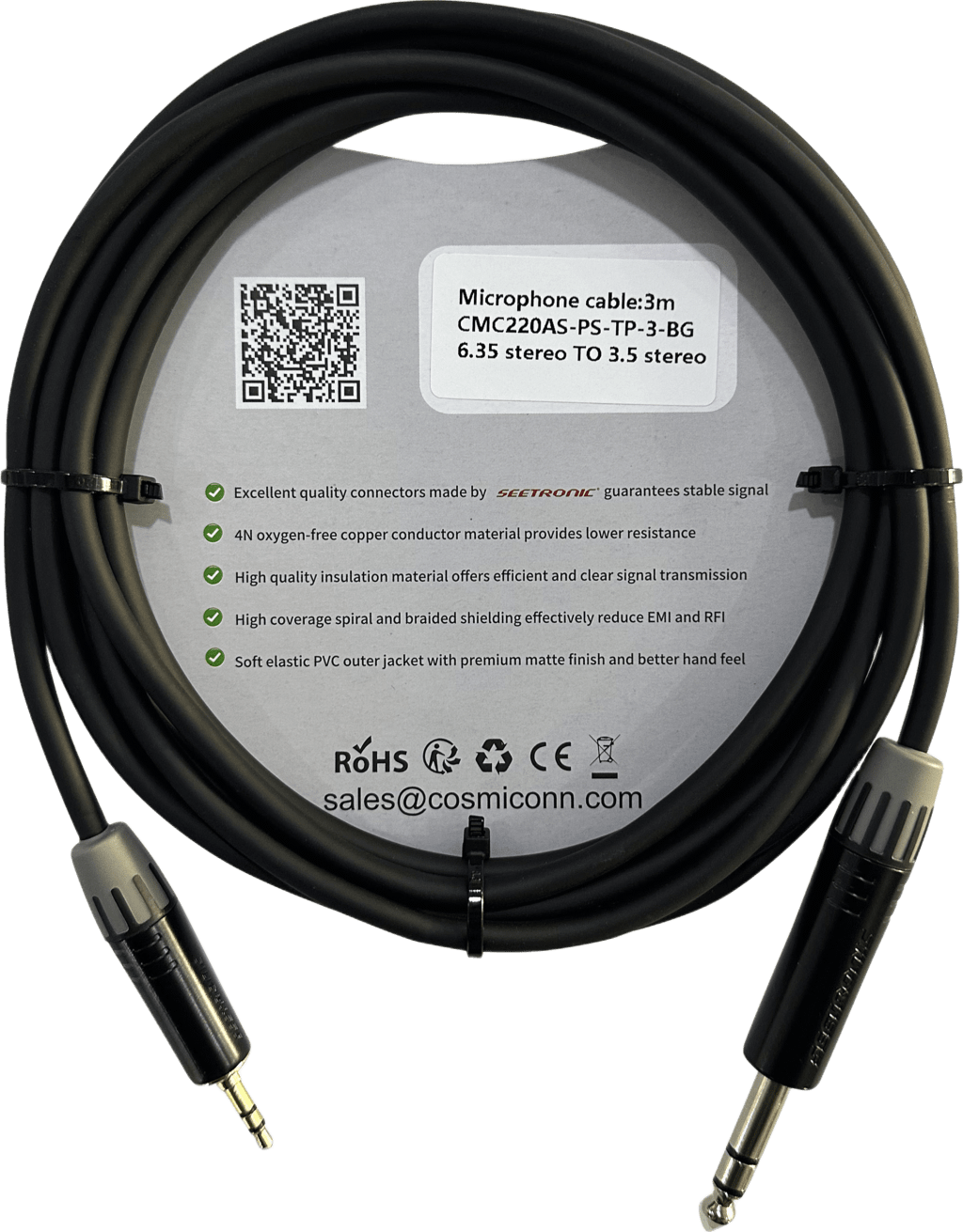 Cable 6.35mm a 3.5mm, conectores color negro MP3X-B - MTP3C-BG, length 3m