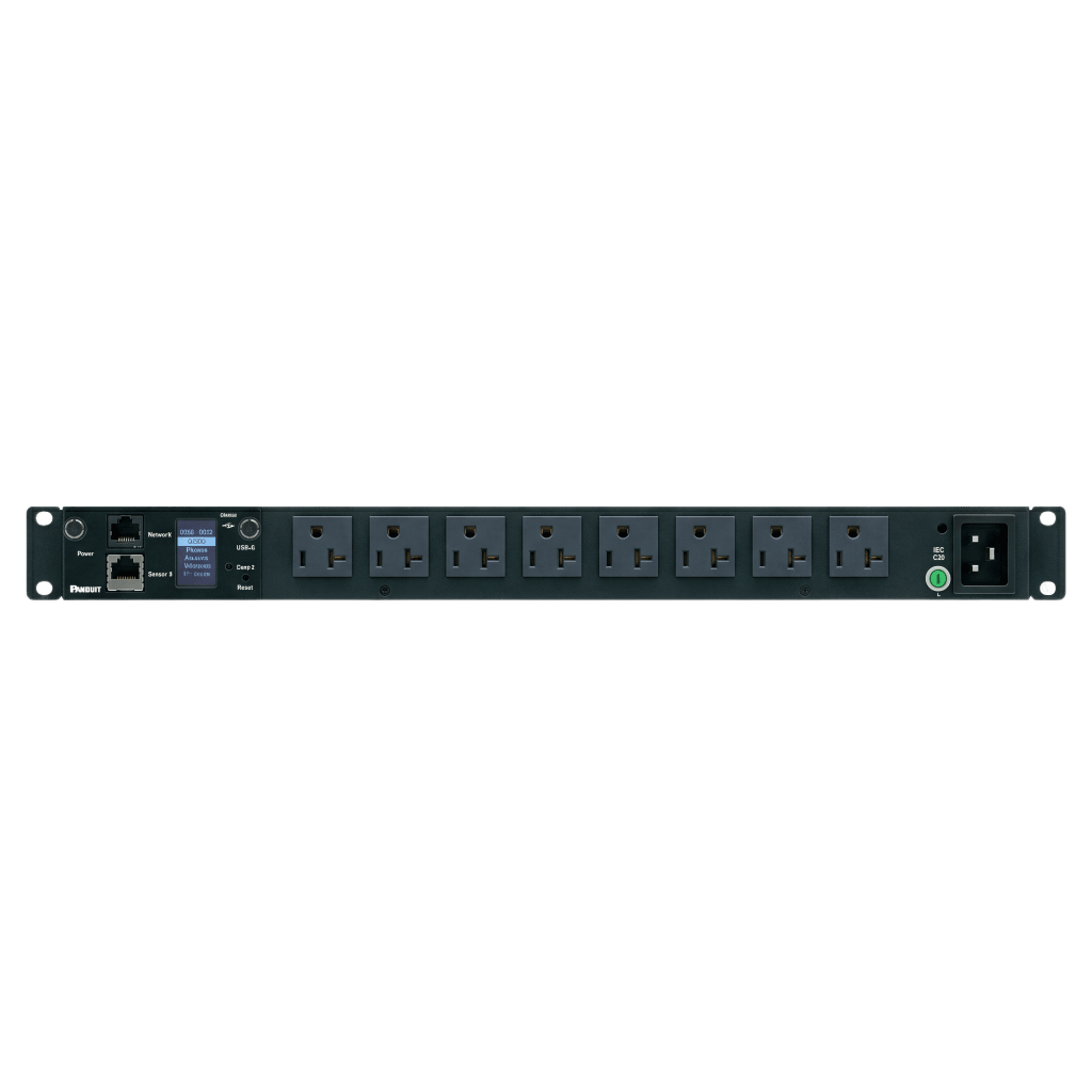 PDU Monitoreable (MI) para Distribución de Energía, Enchufe de Entrada NEMA 5-15P, Con 8 Salidas 5-20R, Horizontal 19in, 120 Vca, 20 Amp, 1UR