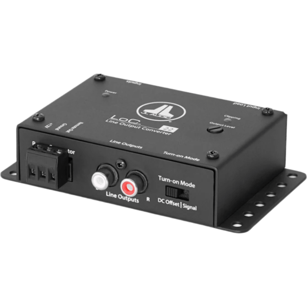 Convertidor de Salida de Línea de Vehículo JL Audio LoC-22 / 2 Canales de Entrada / 2 Canales de Salida / Alimentación 9-16 V CC / Salida Máxima 8 V RMS / Relación S/N 118 dB / Respuesta de Frecuencia 3 Hz-32 kHz / Fusib