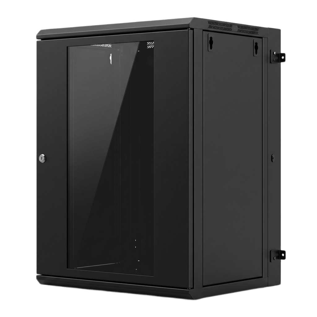 Gabinete Rack / 16 Unidades Rack (UR) / Puerta Cristal Templado / Montaje Pared / Acero Calibres 18-22 / Abatible 120° / Ventilación 120 mm