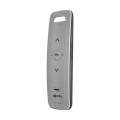 Control remoto 5 canales para motores de persiana Somfy con señal inalámbrica, instrucciones: sube, baja y detener, con posición favorita programada.