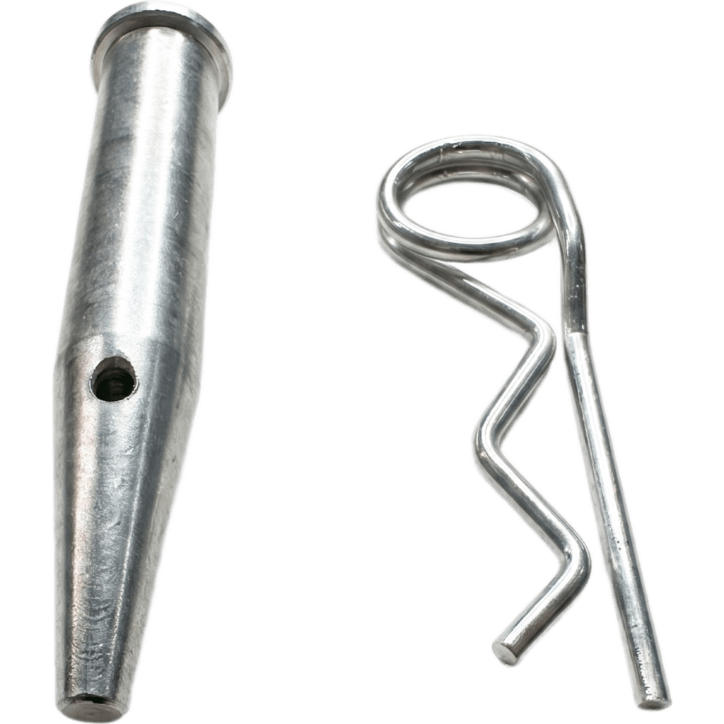 Pasador Cónico + R-clip Set / Compatible con Truss 40x40 cm / Acero de Alta Resistencia Forjado / Galvanizado / Zincado / Largo 92 mm (3.6 in) / Espiga 16 mm (0.6 in) / Cabezal 19 mm (0.7 in)