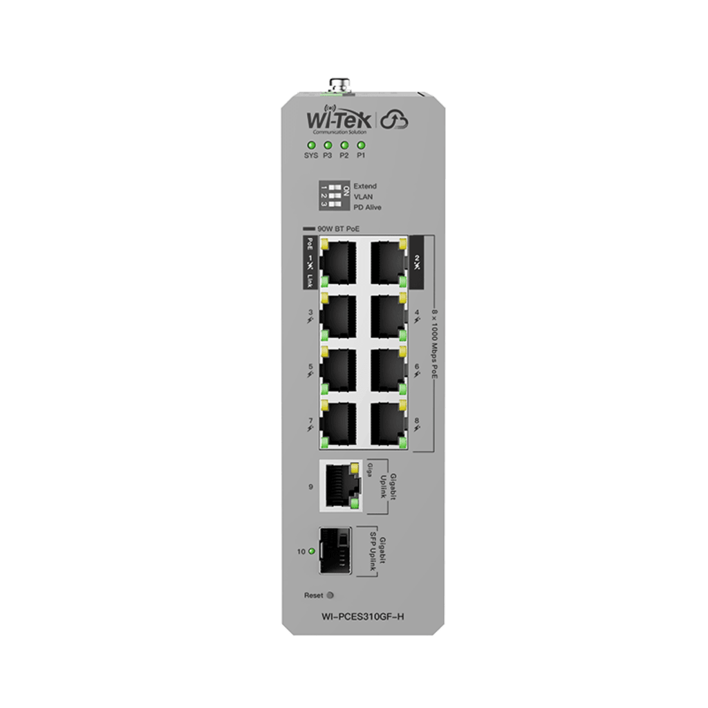 Switch Industrial PoE / 8 Puertos Gigabit PoE / 110W-270W Budget / SFP / DIN-Rail / -30°C a 65°C / Fanless